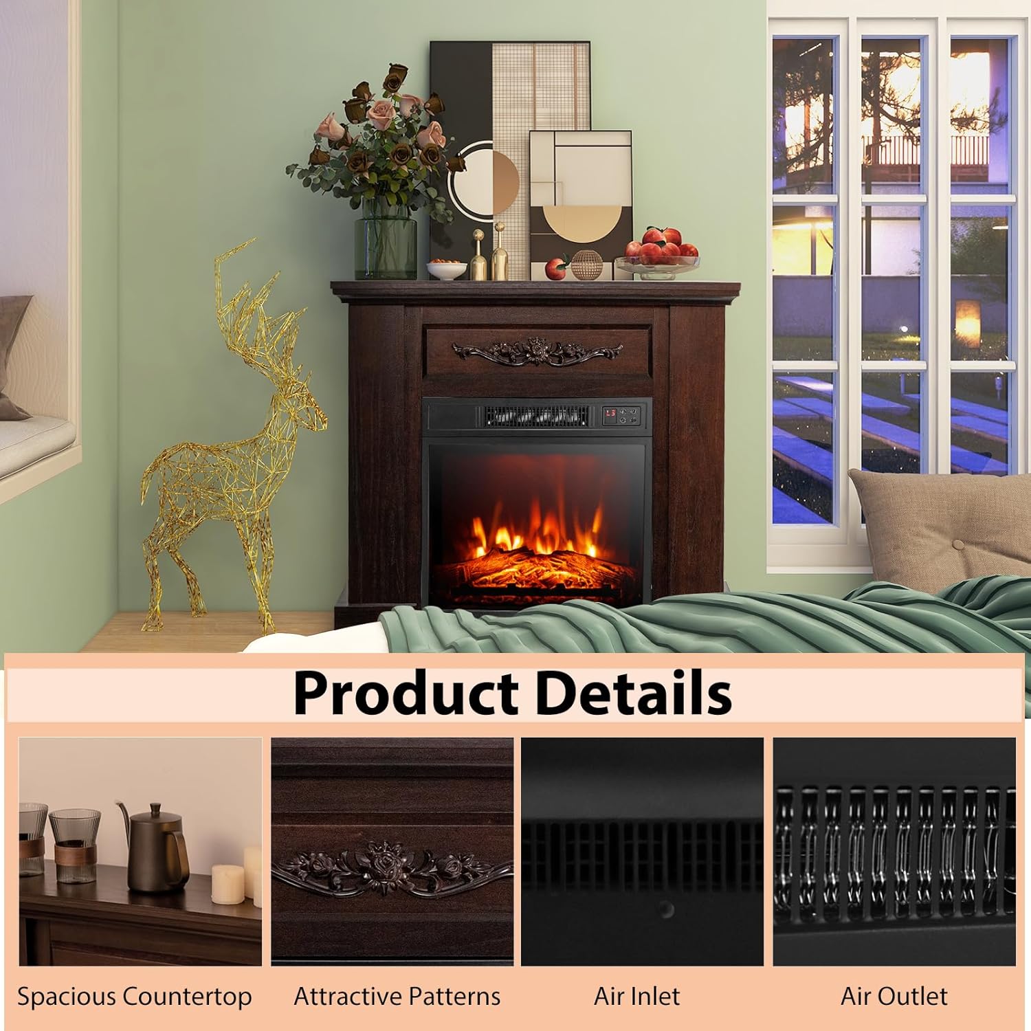 COSTWAY 32-Inch Electric Fireplace with Mantel and Remote Control