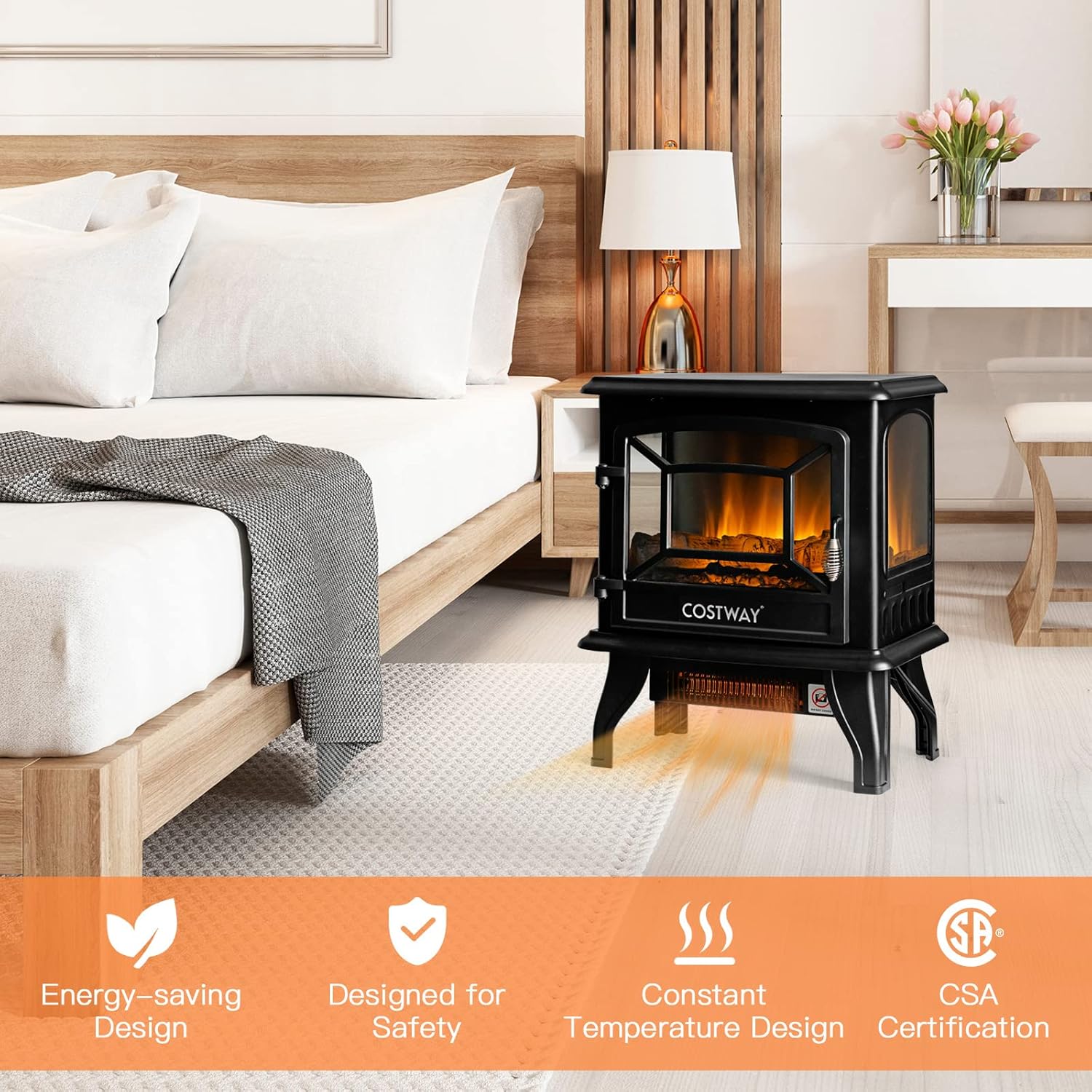 COSTWAY Electric Fireplace Stove with Realistic Flame and Adjustable Thermostat