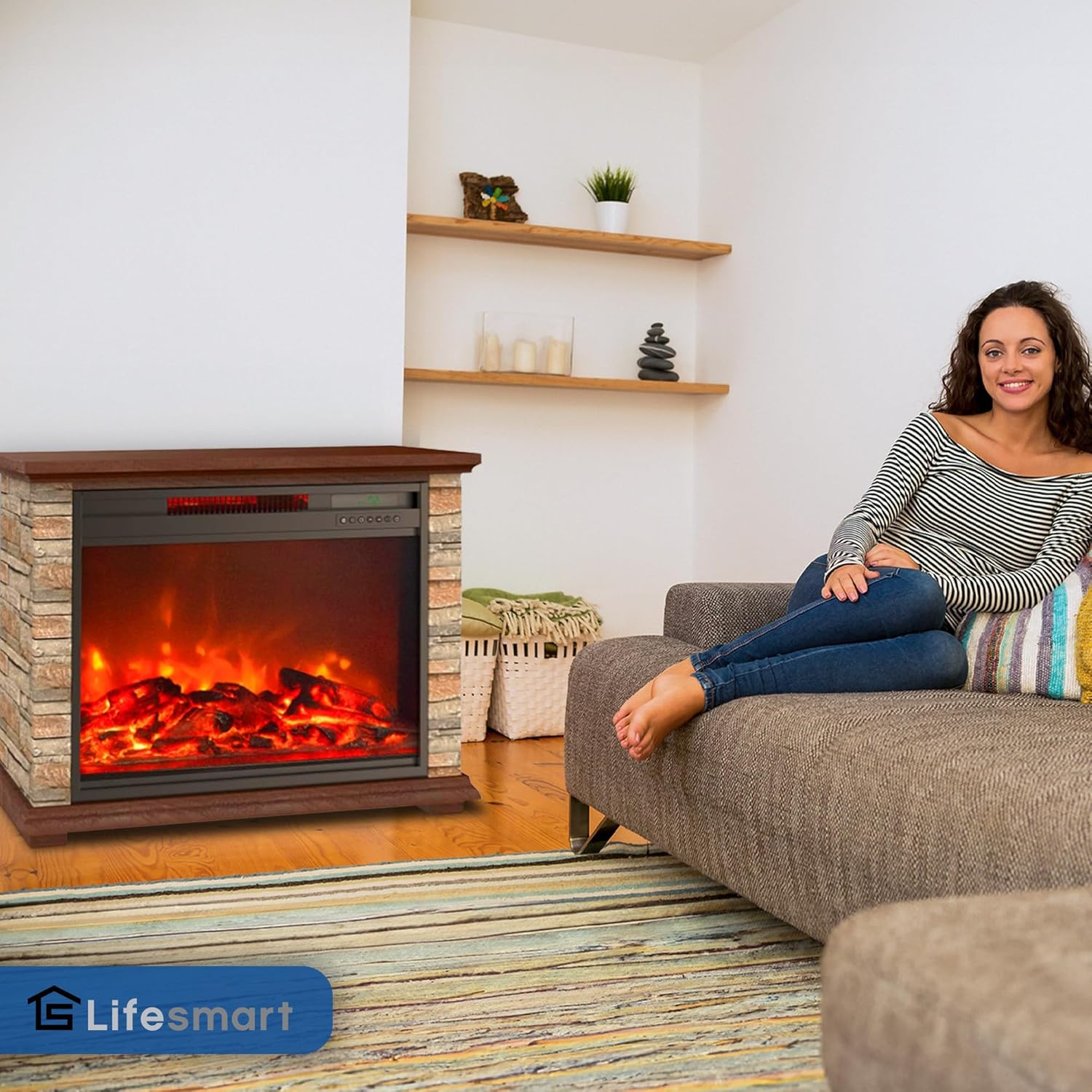 LifeSmart Global Electric Fireplace with 3 Heat Elements