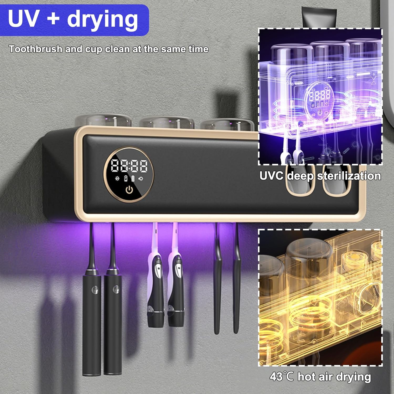 TINS UV Toothbrush Holder with Dispenser and Drying