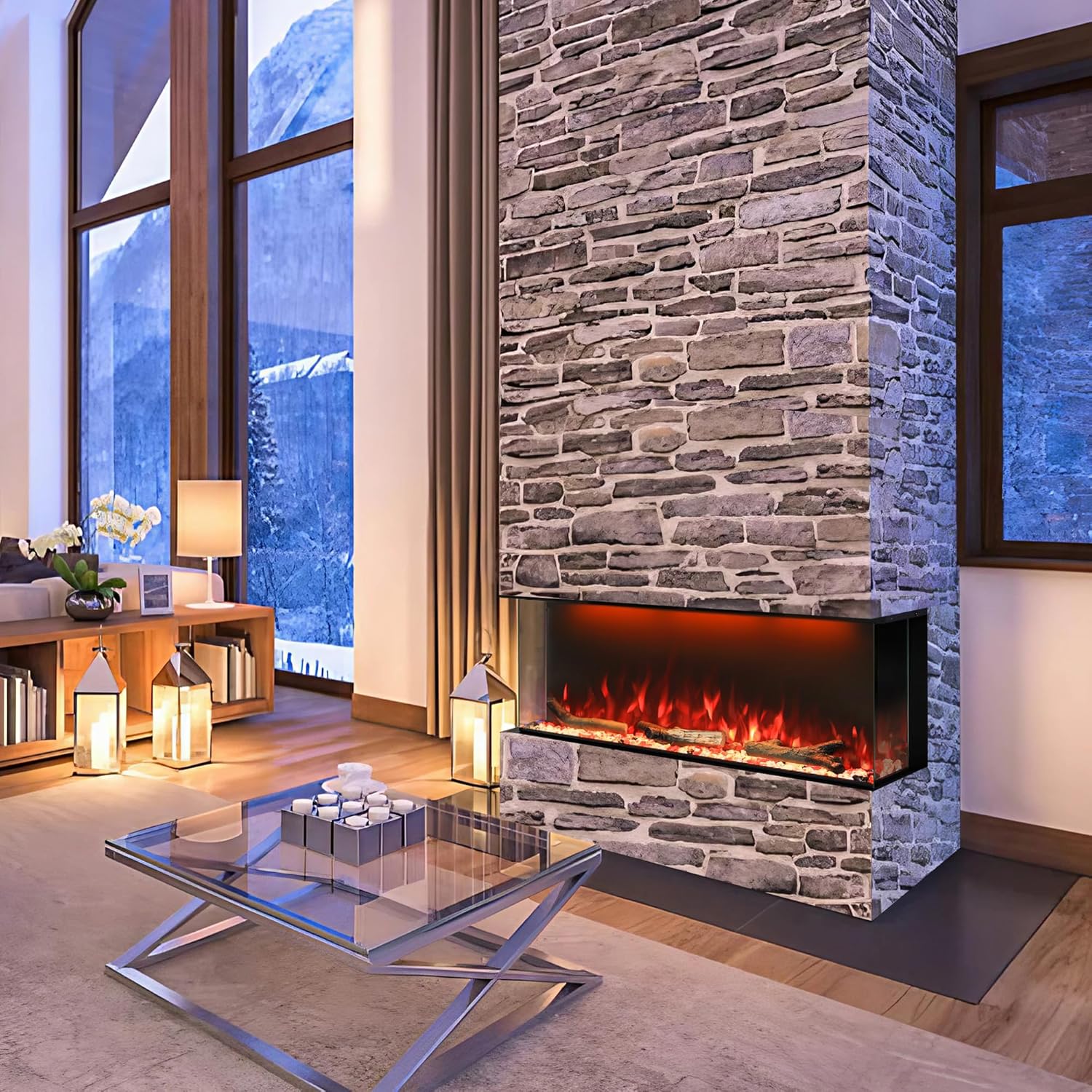 Masarflame 36 WiFi Electric Fireplace with 3-Sided Glass Design