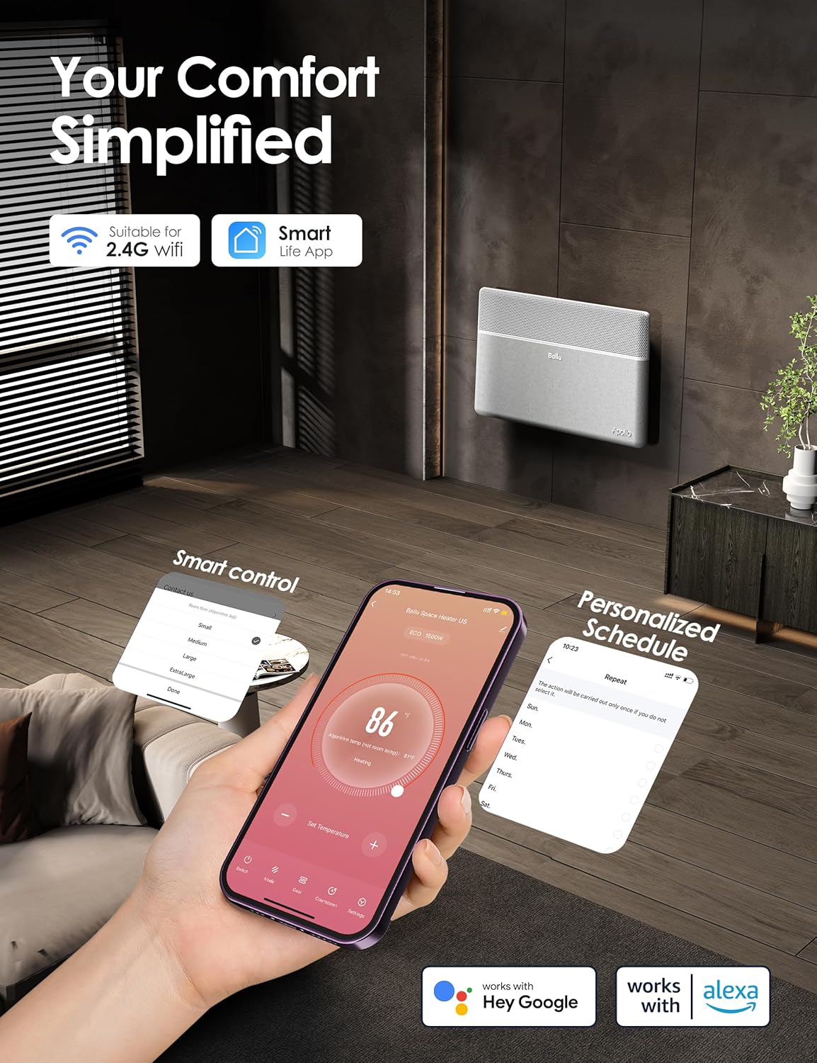 Ballu Convection Panel Heater with Alexa WiFi Remote Control and 1500W Power