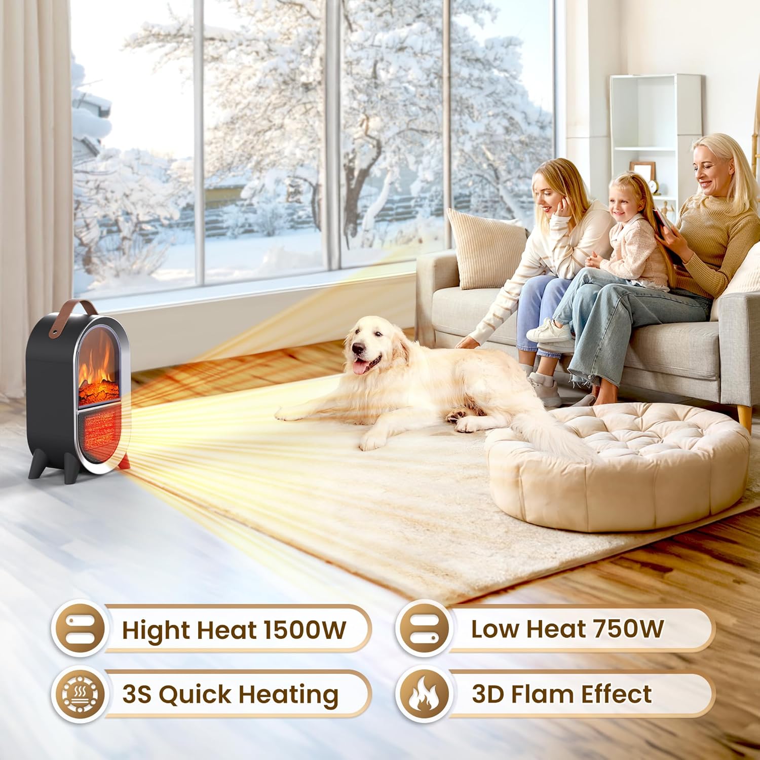 Riseon 1500W750W Electric Fireplace Heater with 3D Flame