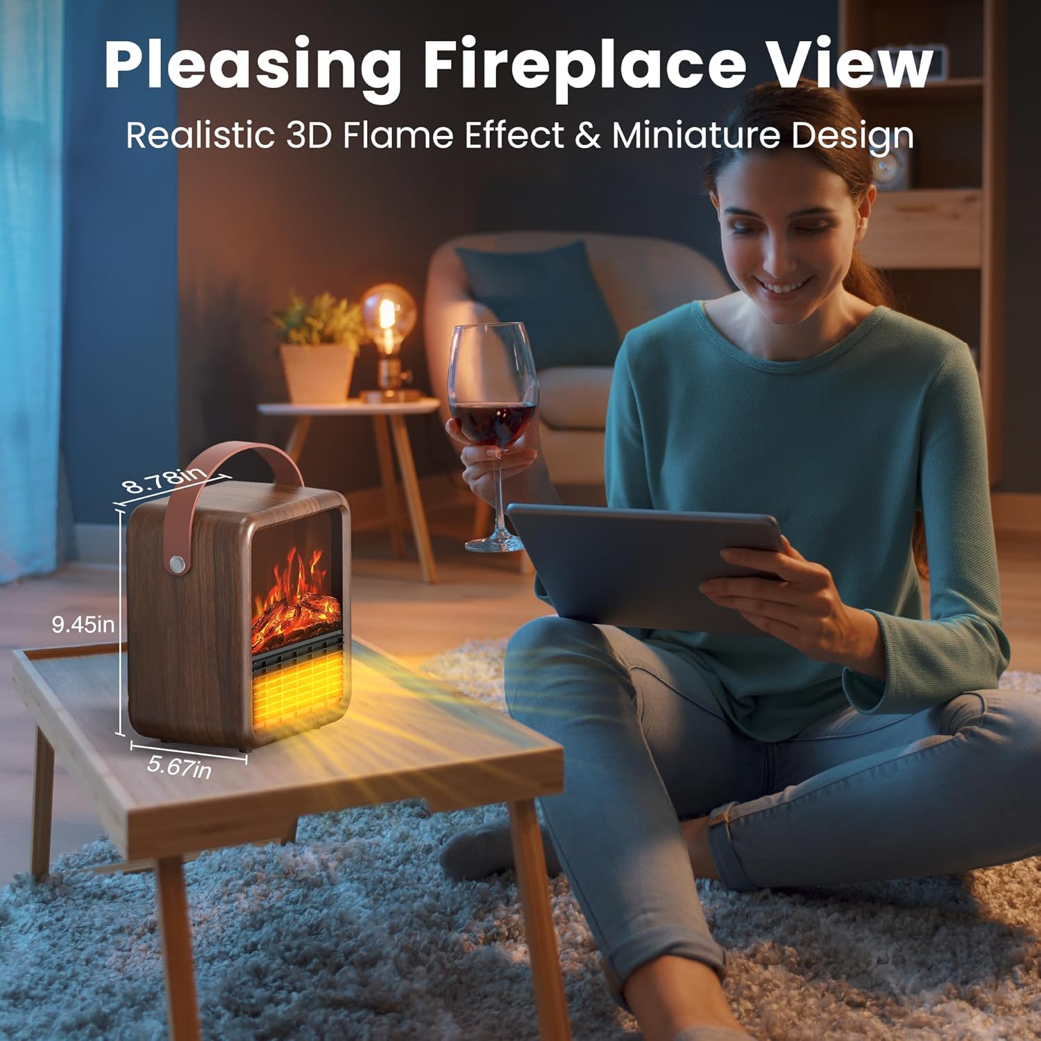Riseon Small Portable Electric Fireplace Heater with 3D Flame and Thermostat