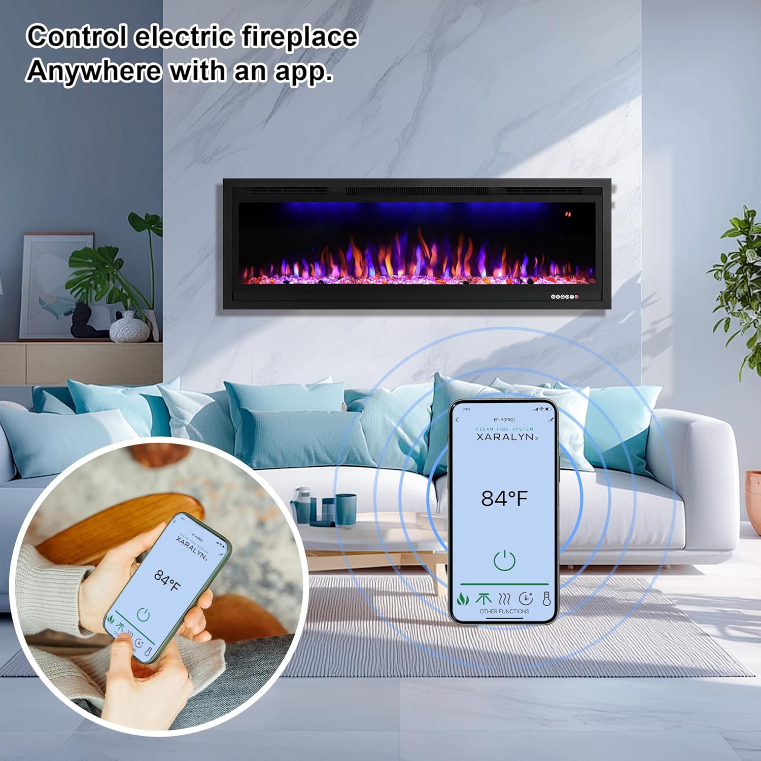Rodalflame 50 Inch WiFi Electric Fireplace Insert with Thermostat and Smart App Control