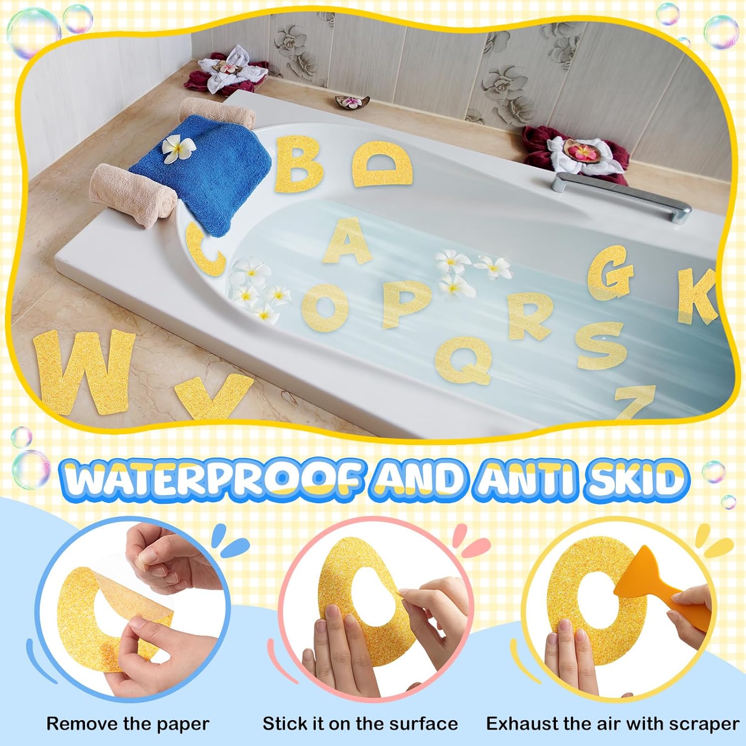 Fullhawl 26 Pcs Non Slip Bathtub Stickers with Glitter Letters