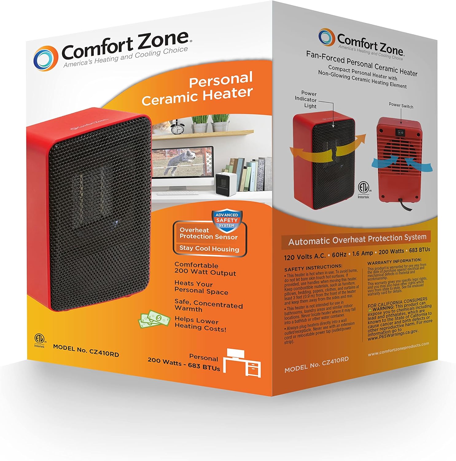 Comfort Zone CZ410RD 200 Watt Portable Ceramic Heater with Fan Red